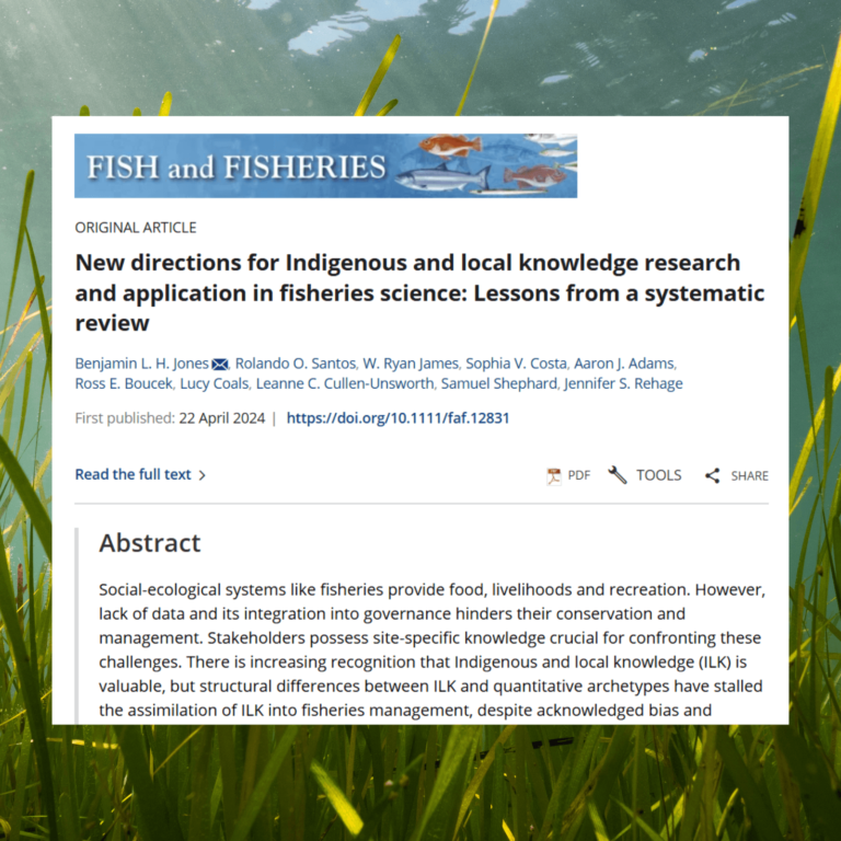 A screenshot of the research paper "New directions for Indigenous and local knowledge research and application in fisheries science: Lessons from a systematic review" overlain on an image of seagrass in North Wales