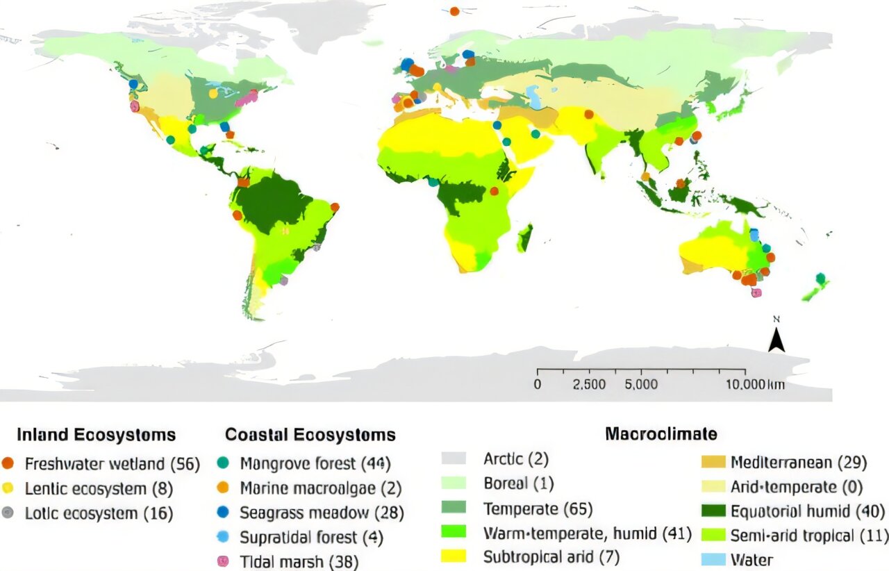 Map of TeaComposition H2O sites across eight macroclimatic zones.