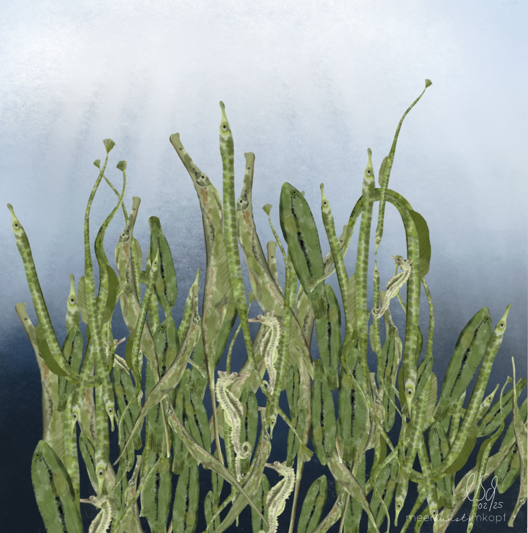 A design with a seagrass meadow with pipefish interweaved.