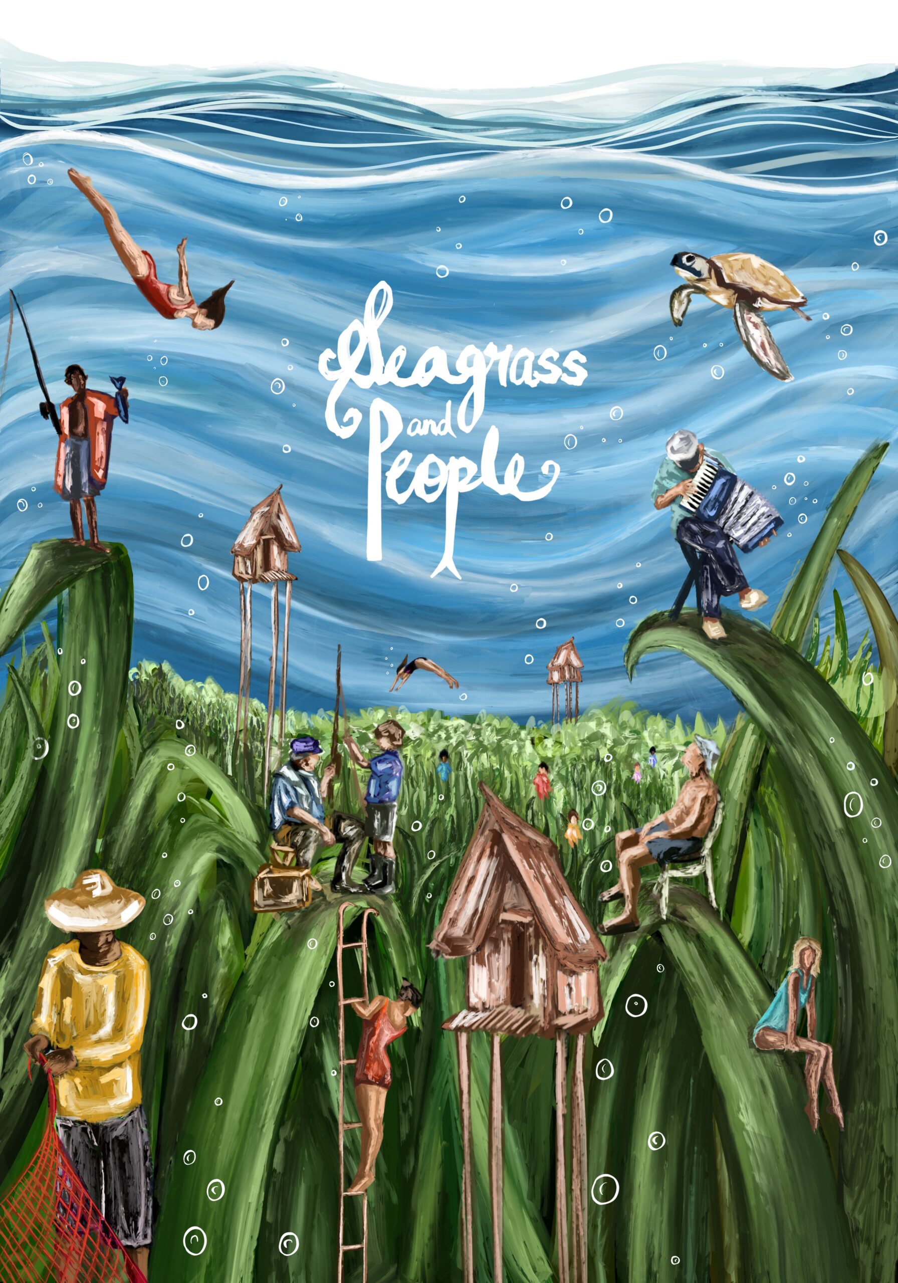 A design showing people within a seagrass meadow.