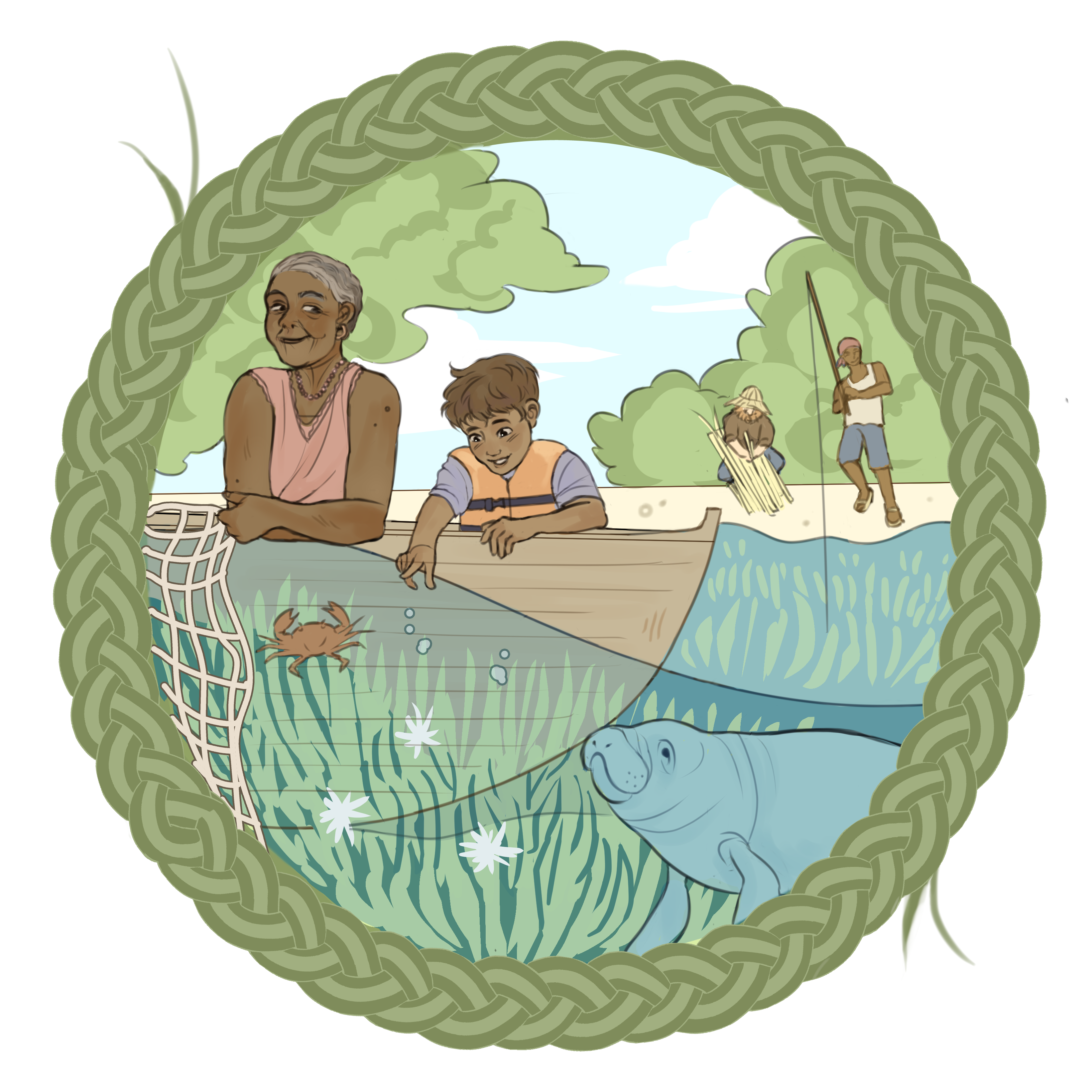 A circle contains an image of people using a seagrass meadow. Two people are standing on the shore and two more are in a boat.