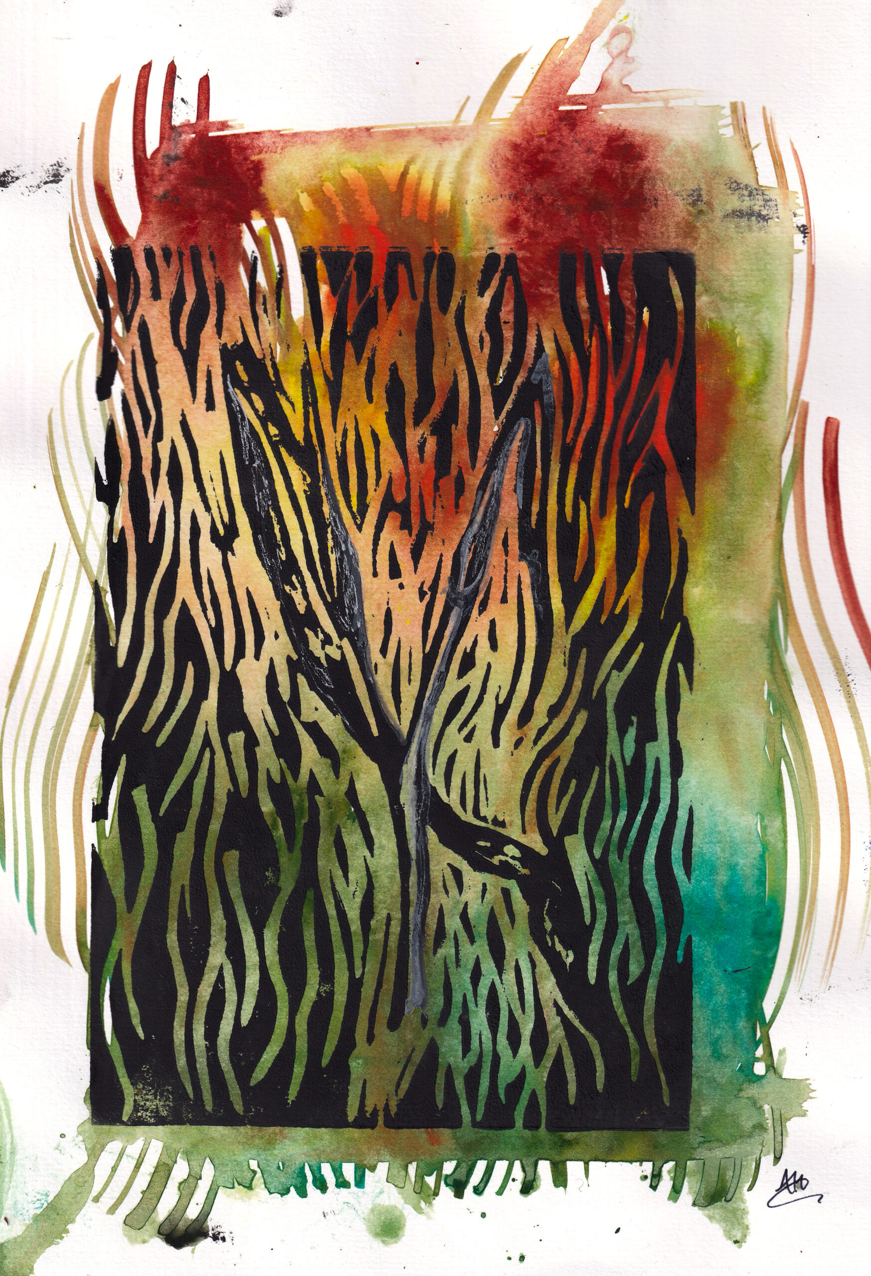 A lino print in green, red, and yellow with a seagrass pattern