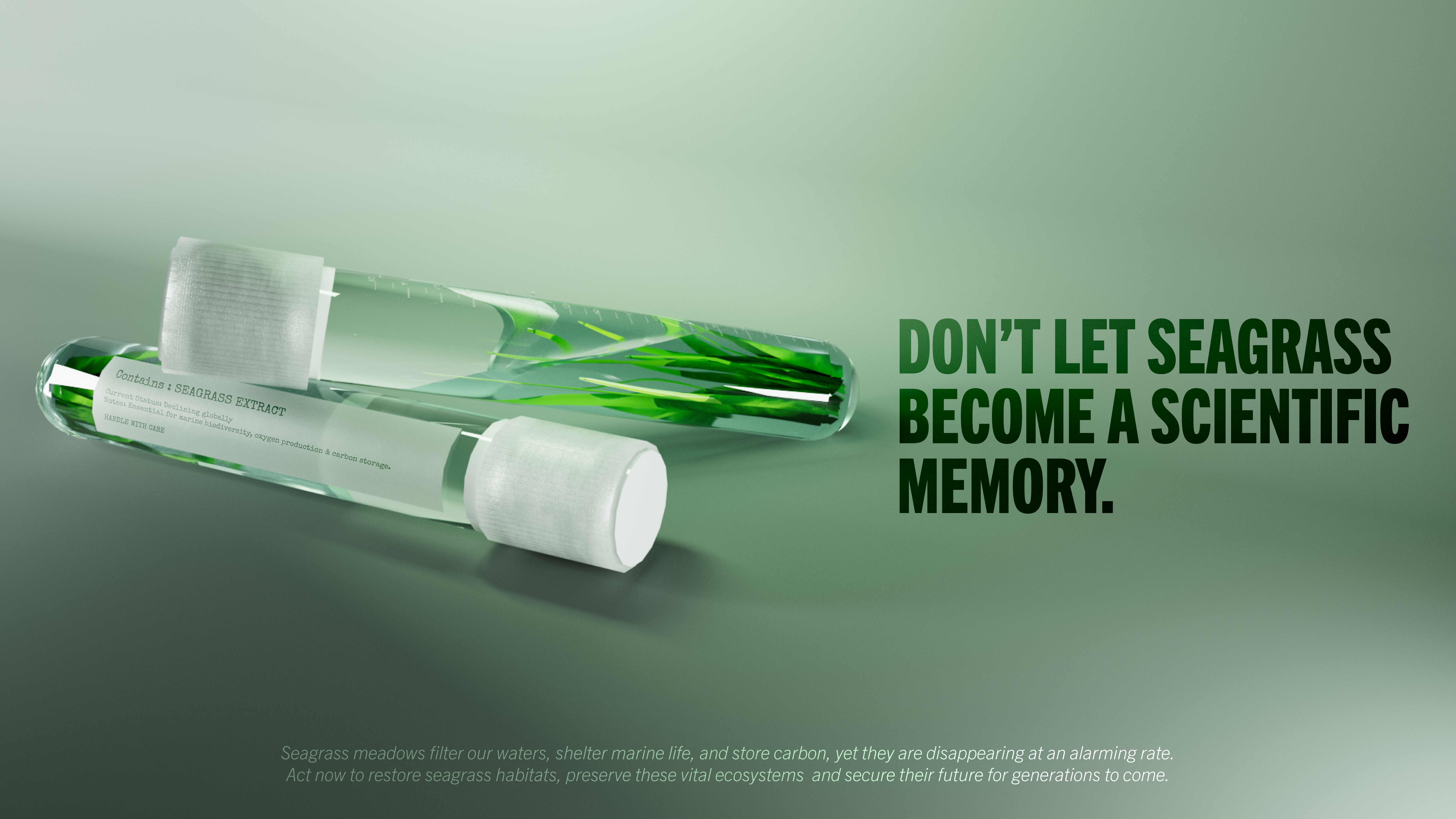 A test tube containing seagrass lies alongside the text "Don't let seagrass become a scientific memory"