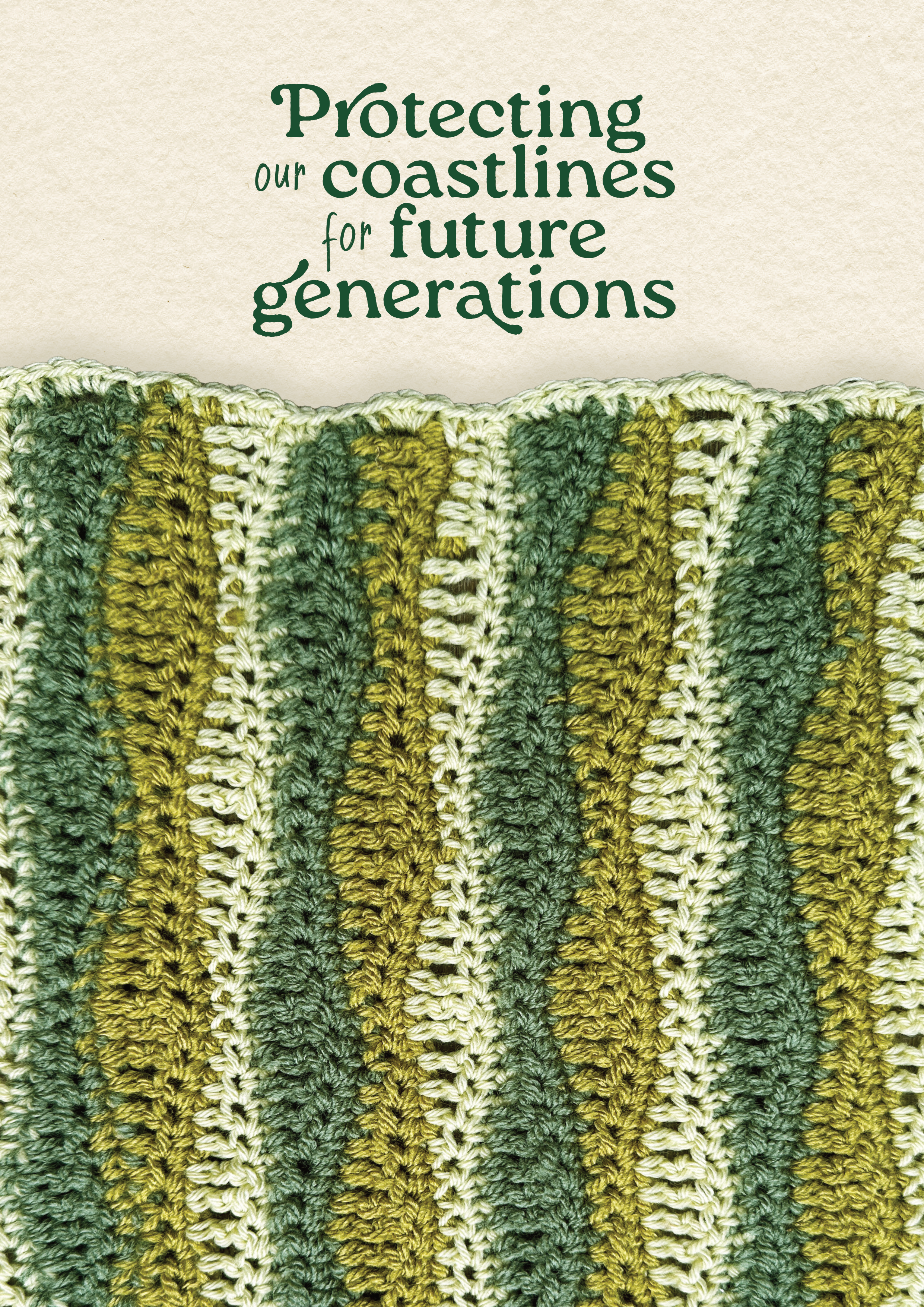 A poster with the text "Protecting our coastlines for future generations" above a crocheted seagrass meadow.
