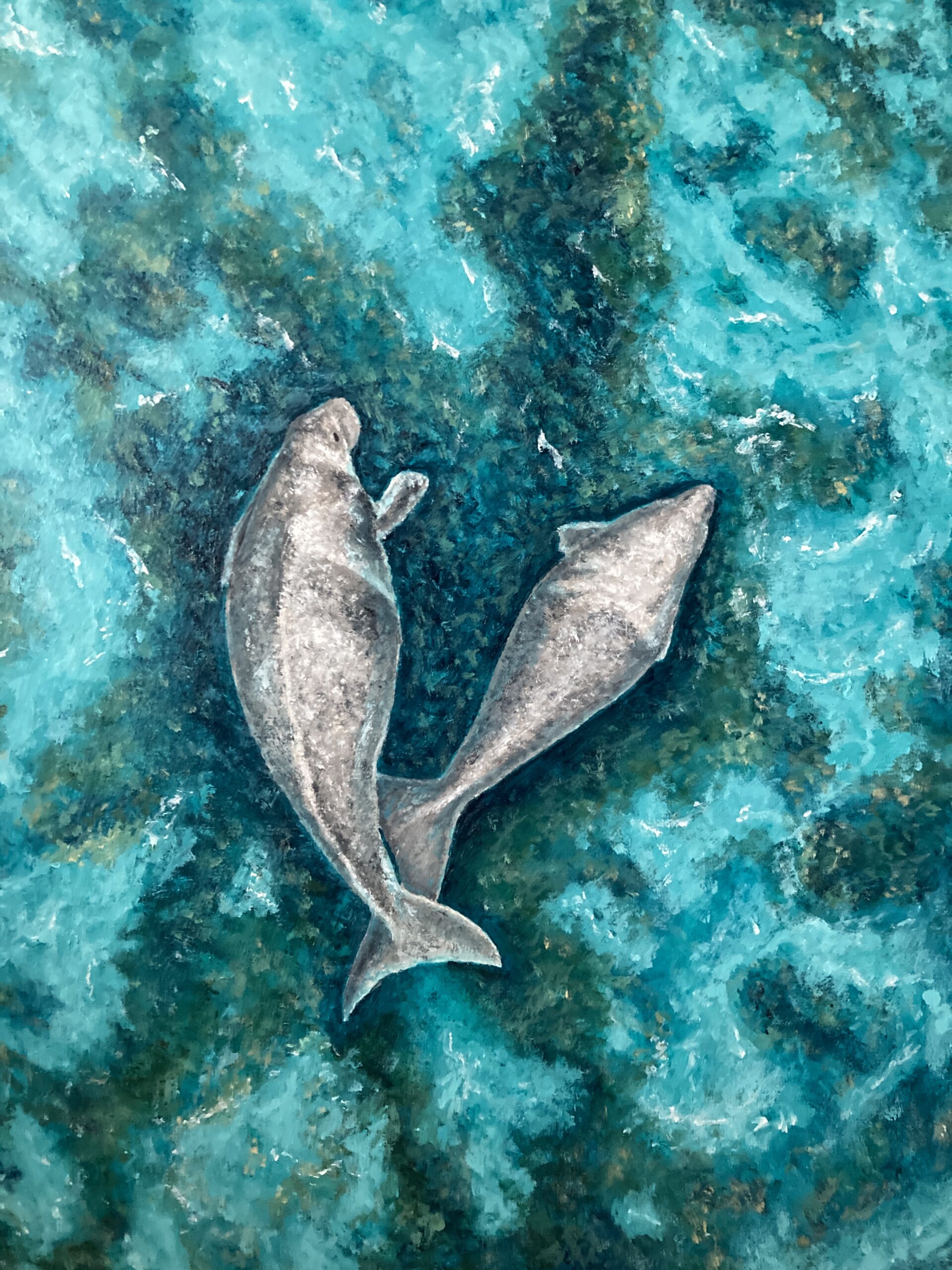 An acrylic painting of an ariel view of a pair of dugongs swimming in a seagrass meadow.