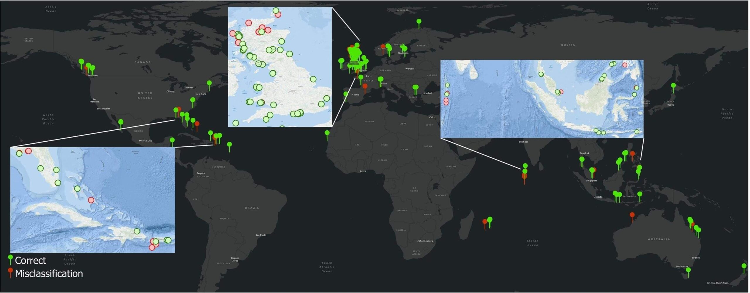 Classification results on 1,067 locations from Seagrass Spotter project. Green points indicate locations where the SGDenseNet model correctly classified the presence of seagrass, while red points represent locations where the model misclassified the data.