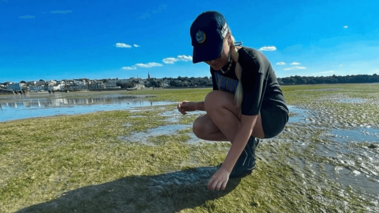 Lowri is crouching in a seagrass meadow. It is a clear sunny day.