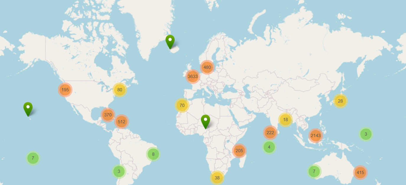 A map of the world showing where seagrass has been spotted using SeagrassSpotter