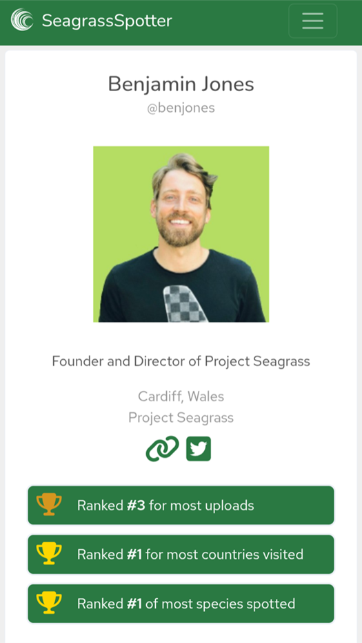 A screenshot from the SeargassSpotter app showing the profile of Project Seagrass Chief Conservation Officer Ben Jones. The profile shows Ben's ranking on different Leaderboards.