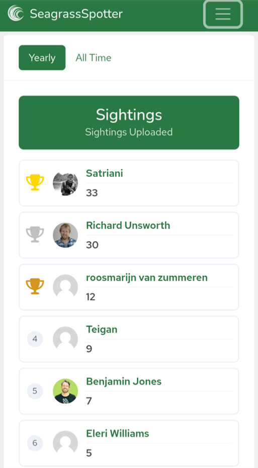 A screenshot of the SeagrassSpotter Sightings Leaderboard