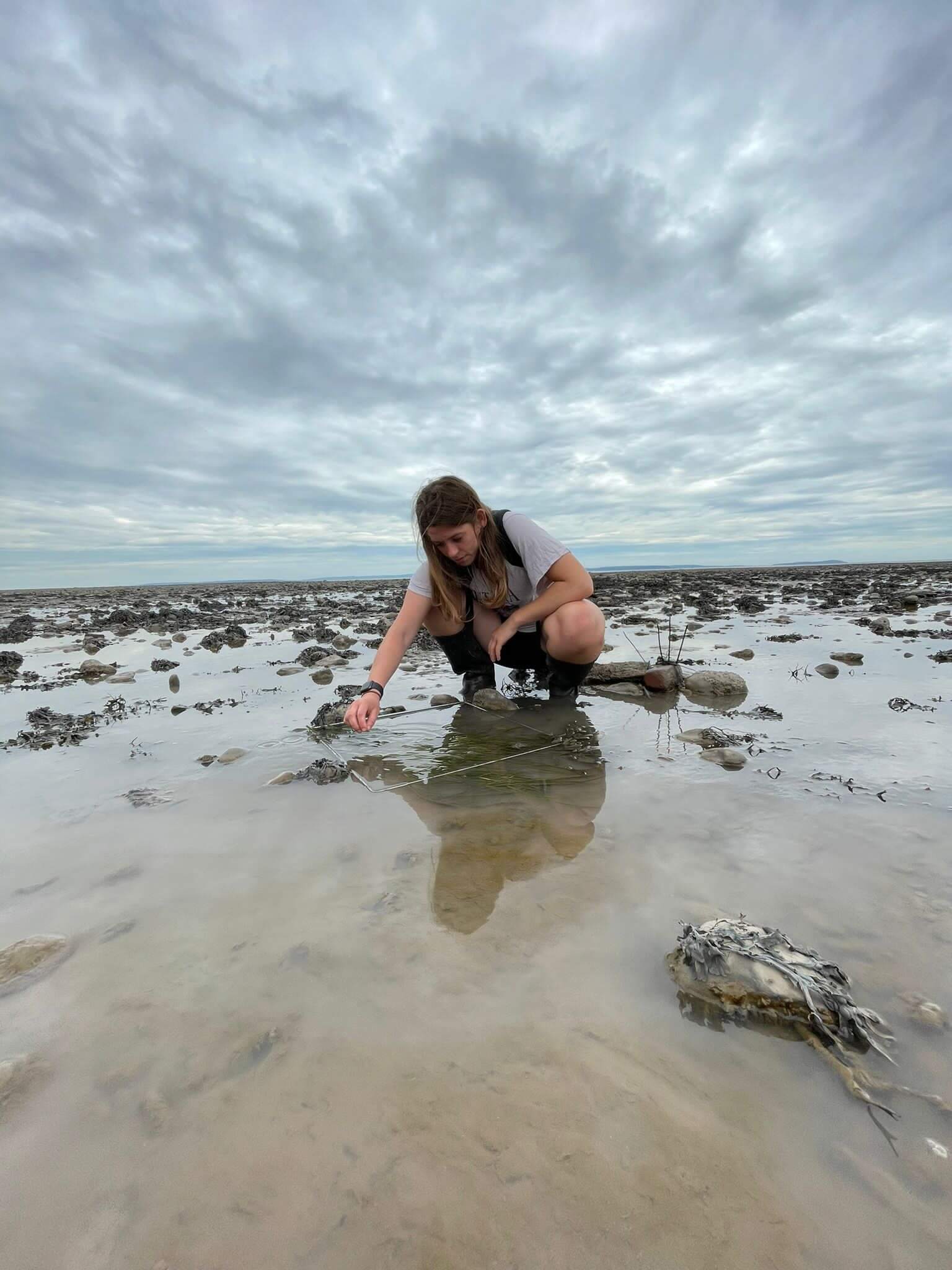 Ellie crouching beside a quadrat on the beach.
