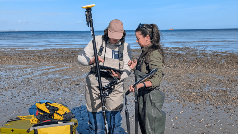 Emma Butterworth and Anouska Mendzil preparing the GDPS on the beach at Priory Bay