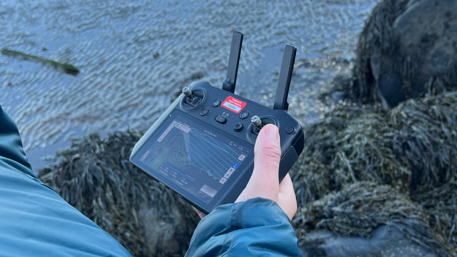 Drone controller being used next to kelp bed