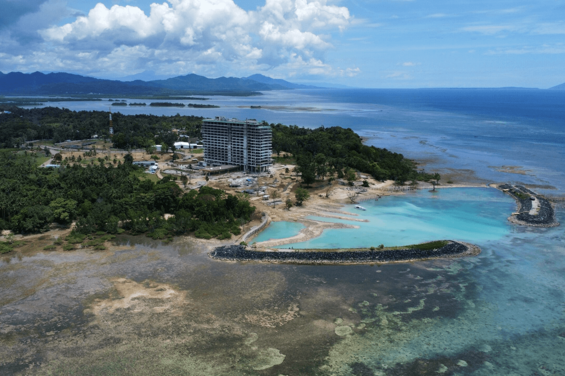 An ariel view of a bay in Indonesia. Coastal development is causing damage to the seagrass meadow.