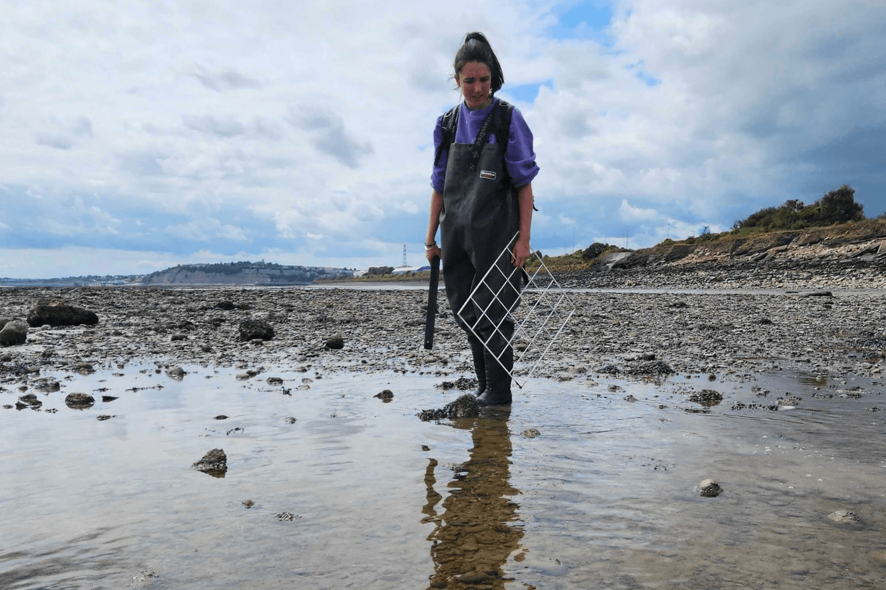 Senior Science Officer Emma Fox stands at a planting site in Cardiff. She is holding a quadrat and is wearing waders.