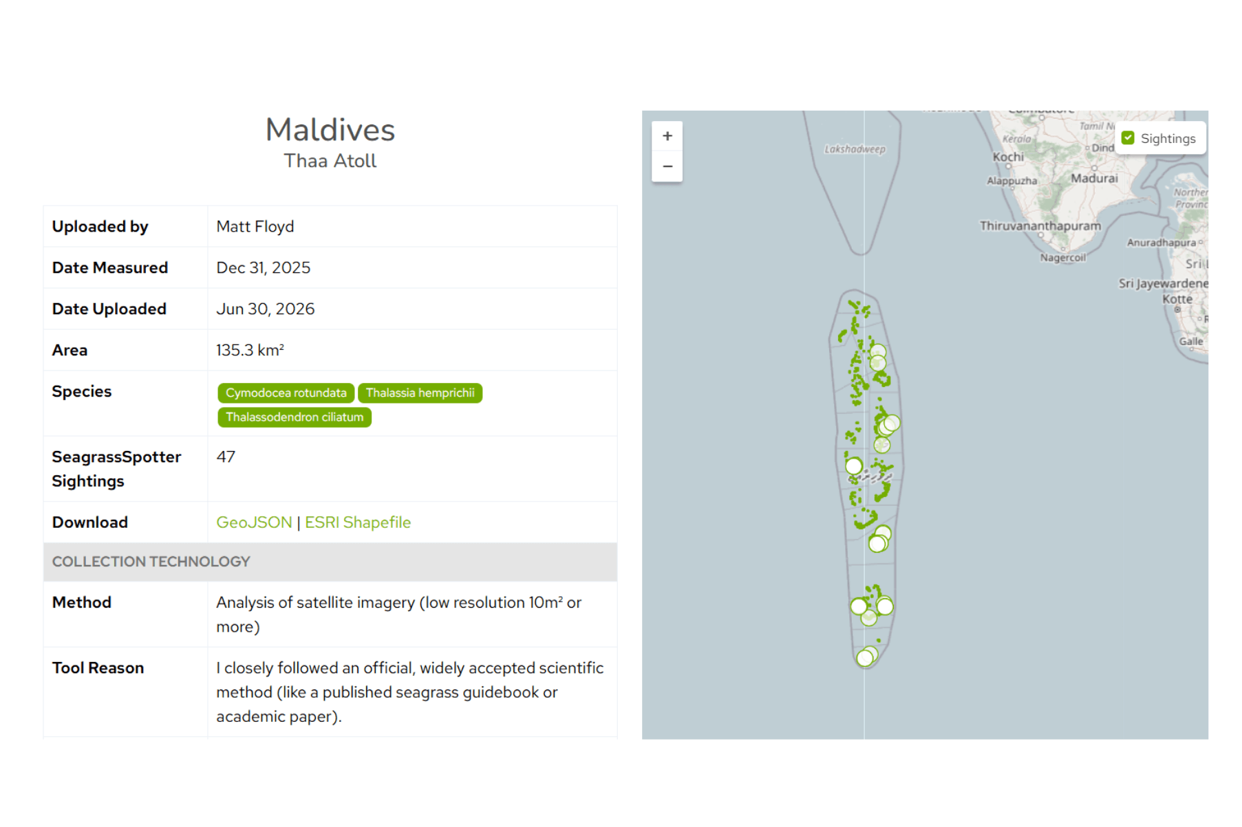 A screenshot from SeagrassTracker showing seagrass spatial data uploaded from the Maldives