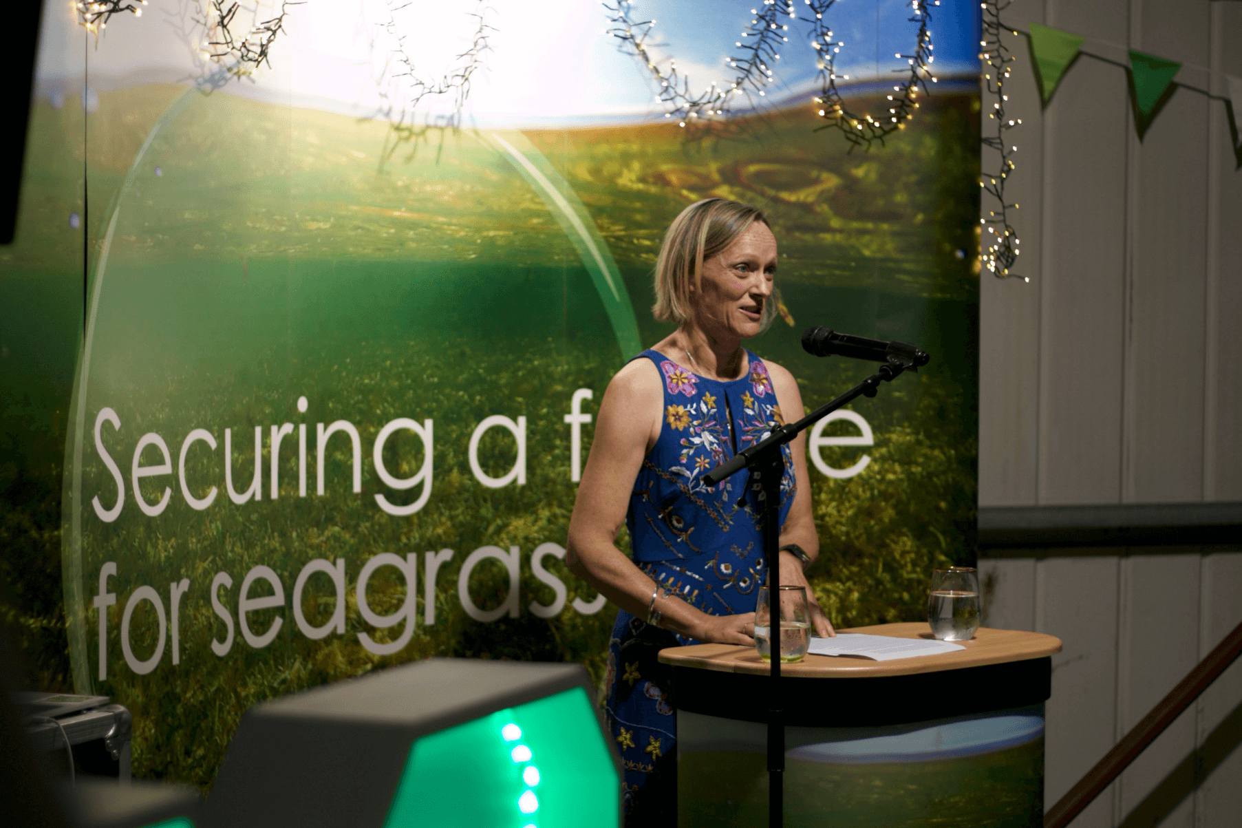 Leanne is standing a podium speaking into a mic. Large illuminated number 1 and 0 are positioned next to the podium. She is standing in front of a seagrass backdrop.