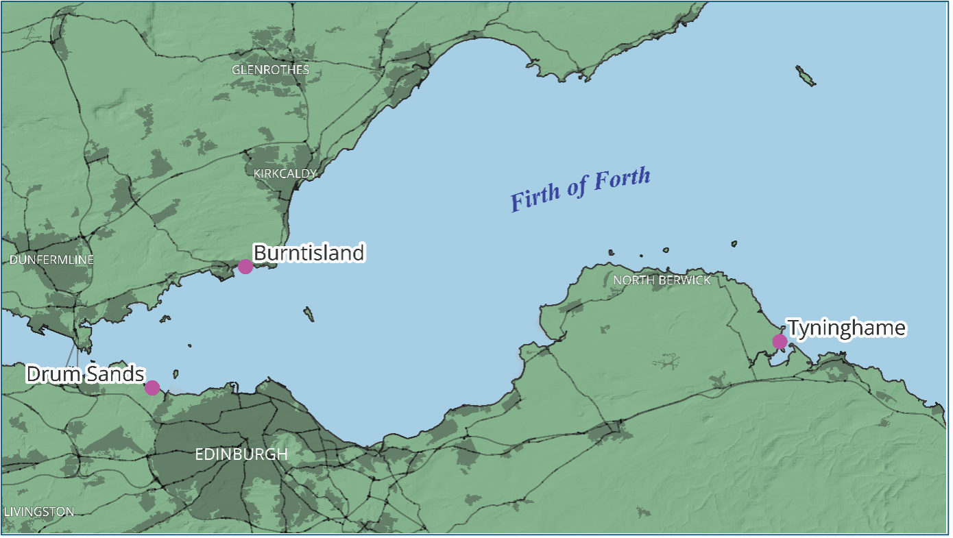 A map of the Firth of Forth marks the Restoration Forth planting sites in Drum Sands, Burntisland, and Tyninghame